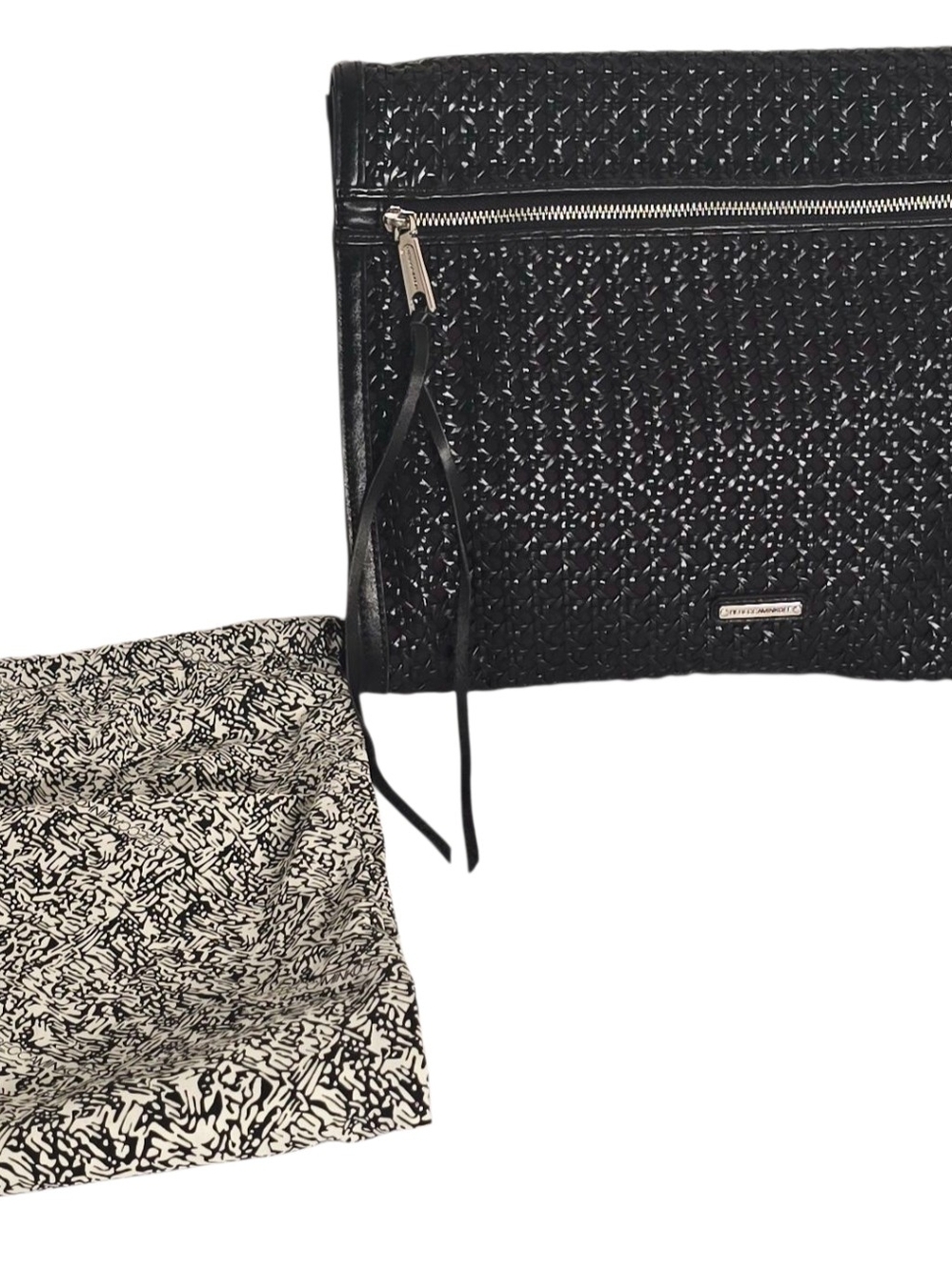 Rebecca Minkoff Black Woven Leather Studded Clutch Envelope Bag Tassel ZipRebecc